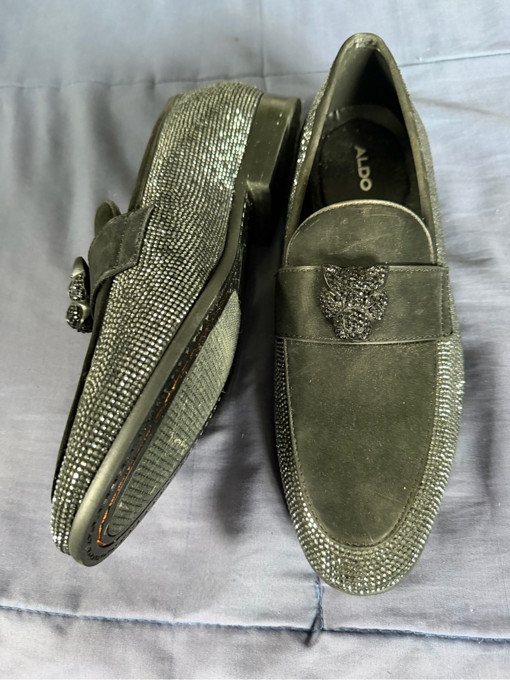 Aldo Black Suede Loafers with Crystal Accents